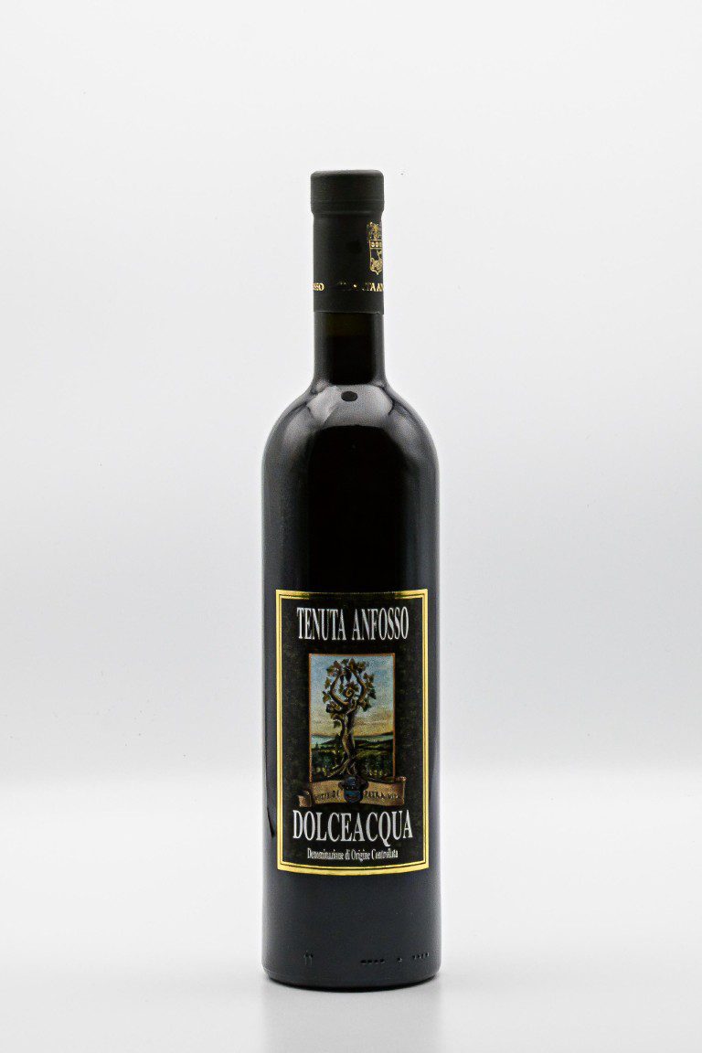Rode wijnfles, label Tenuta Anfosso Dolceacqua.