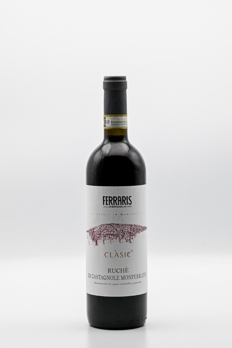 Fles rode wijn met etiket Ferraris Clasic Ruchè.